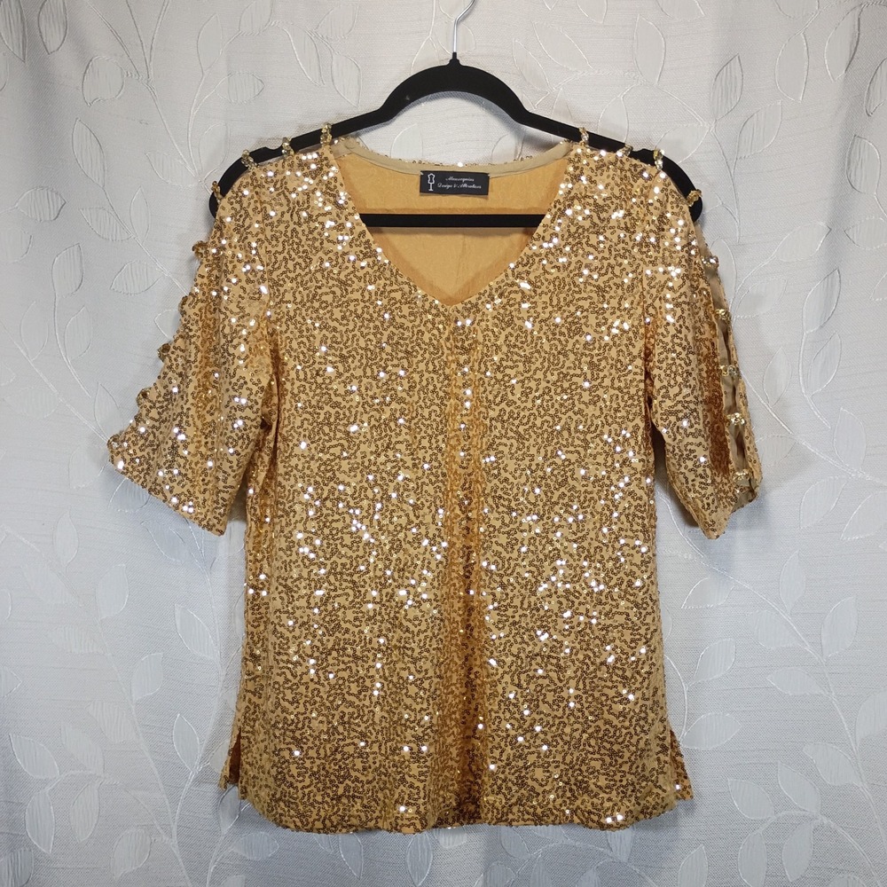 Mannequins Design & Alterations Gold Sequin Cold Shoulder V-Neck Top Blouse